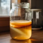 Kombucha fermenterer i glasskrukke med SCOBY