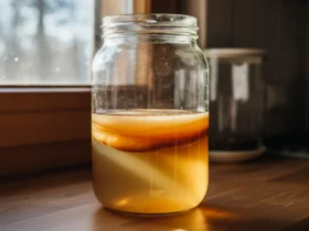 Kombucha fermenterer i glasskrukke med SCOBY