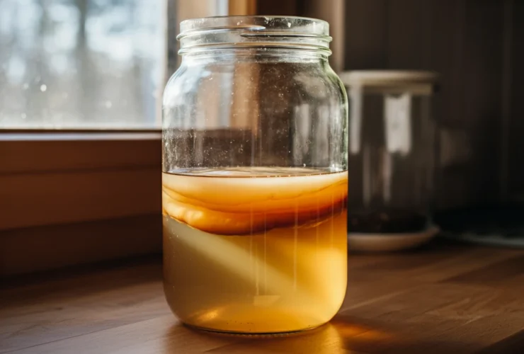 Kombucha fermenterer i glasskrukke med SCOBY