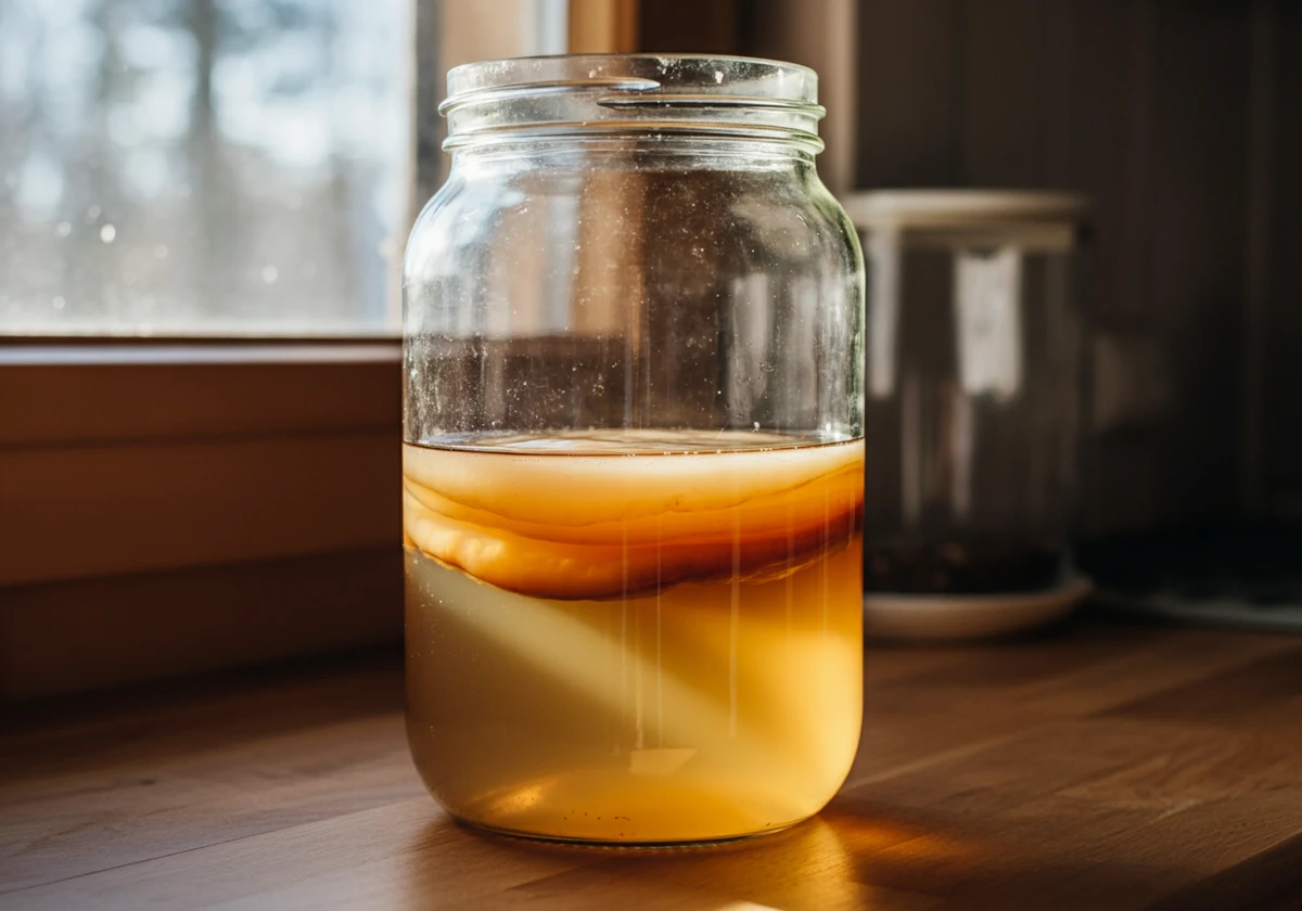 Kombucha fermenterer i glasskrukke med SCOBY