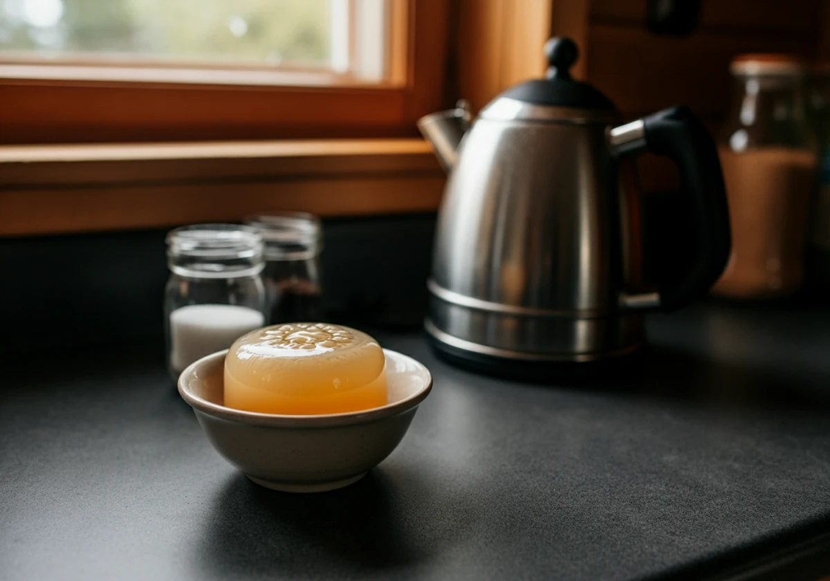 SCOBY ved siden av te og sukker