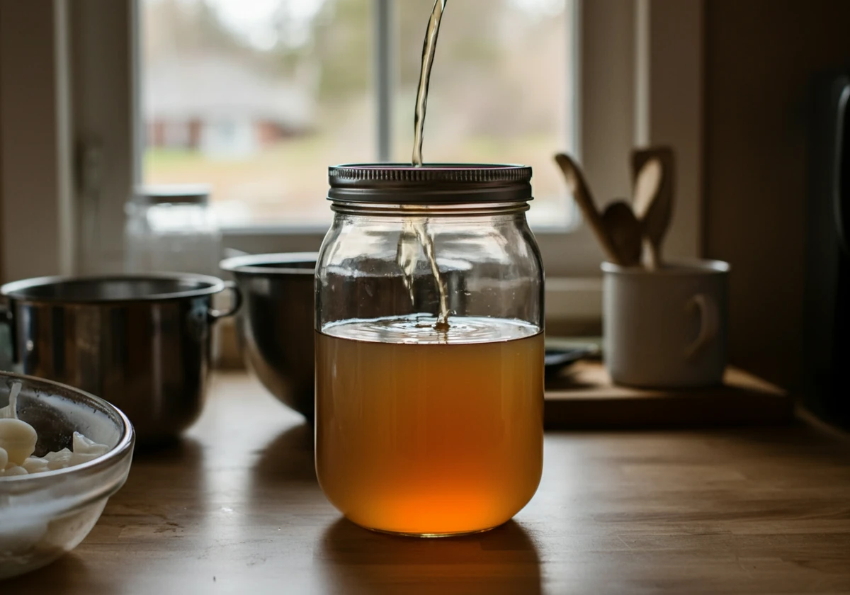 Avkjølt te og SCOBY settes sammen i krukke