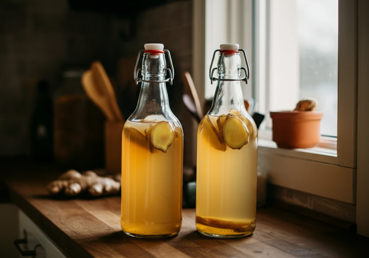 Kombucha tappes på flasker med ingefær for andregangsfermentering