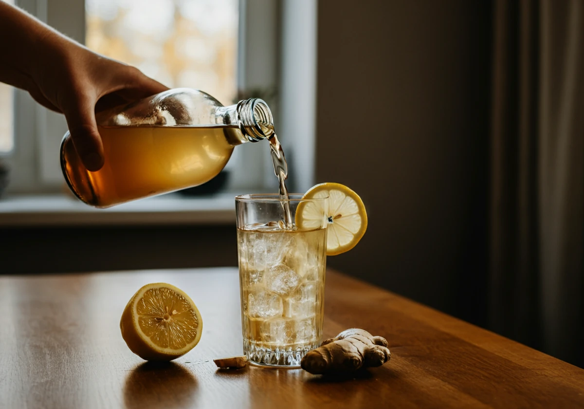 Iskald kombucha servert med sitron og ingefær