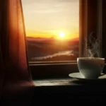 Norsk morgensoloppgang gjennom vindu med kaffe