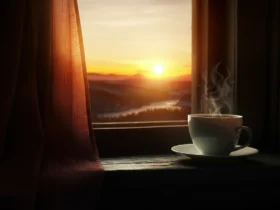 Norsk morgensoloppgang gjennom vindu med kaffe