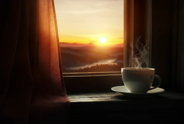Norsk morgensoloppgang gjennom vindu med kaffe