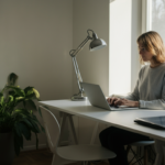 Person fokusert ved laptop med kreatin tilskudd for hjerne og kognisjon