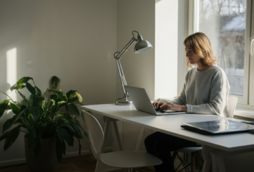 Person fokusert ved laptop med kreatin tilskudd for hjerne og kognisjon