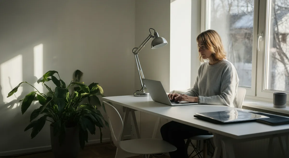 Person fokusert ved laptop med kreatin tilskudd for hjerne og kognisjon