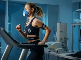 Laktat-terskel test i sportslab med VO2 max-måler og pulsbelte