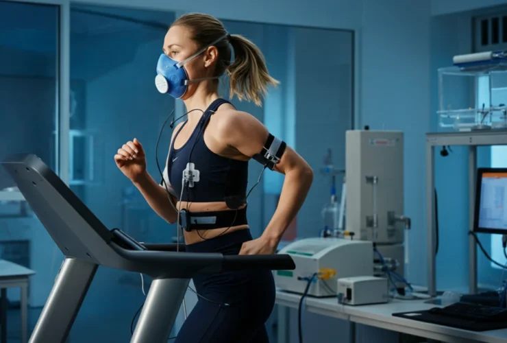 Laktat-terskel test i sportslab med VO2 max-måler og pulsbelte