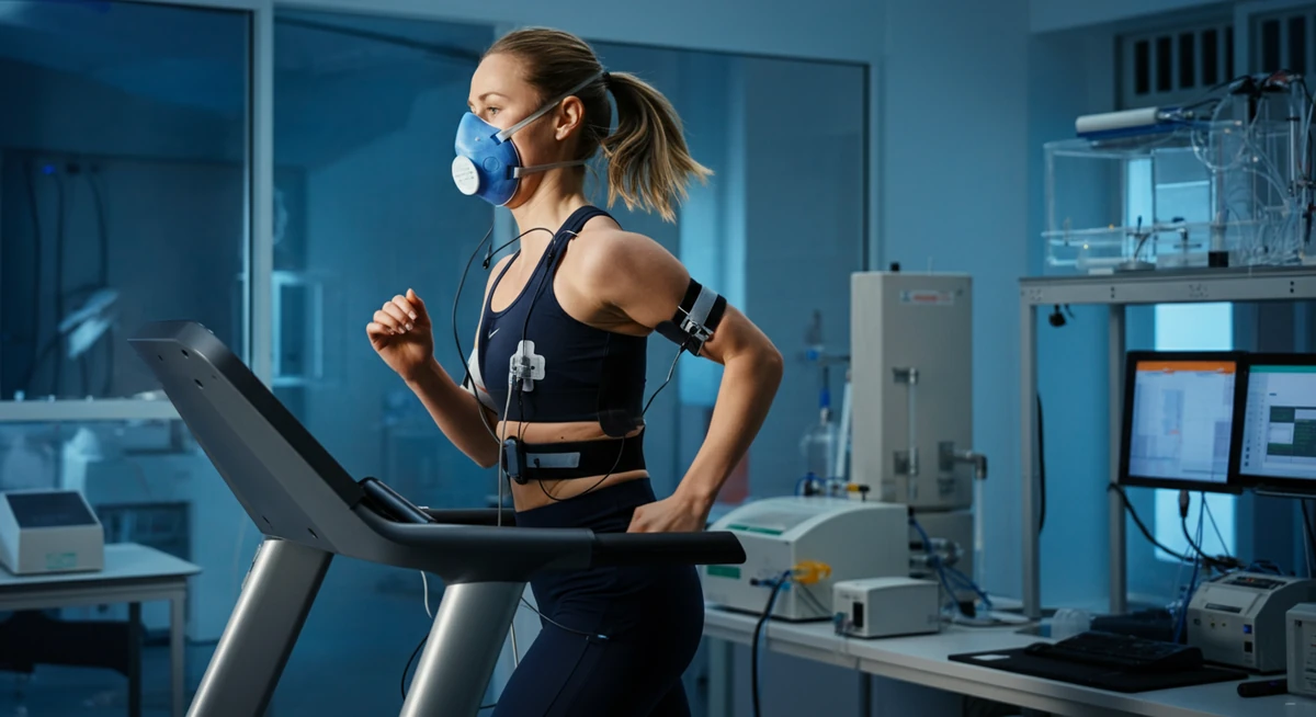 Laktat-terskel test i sportslab med VO2 max-måler og pulsbelte