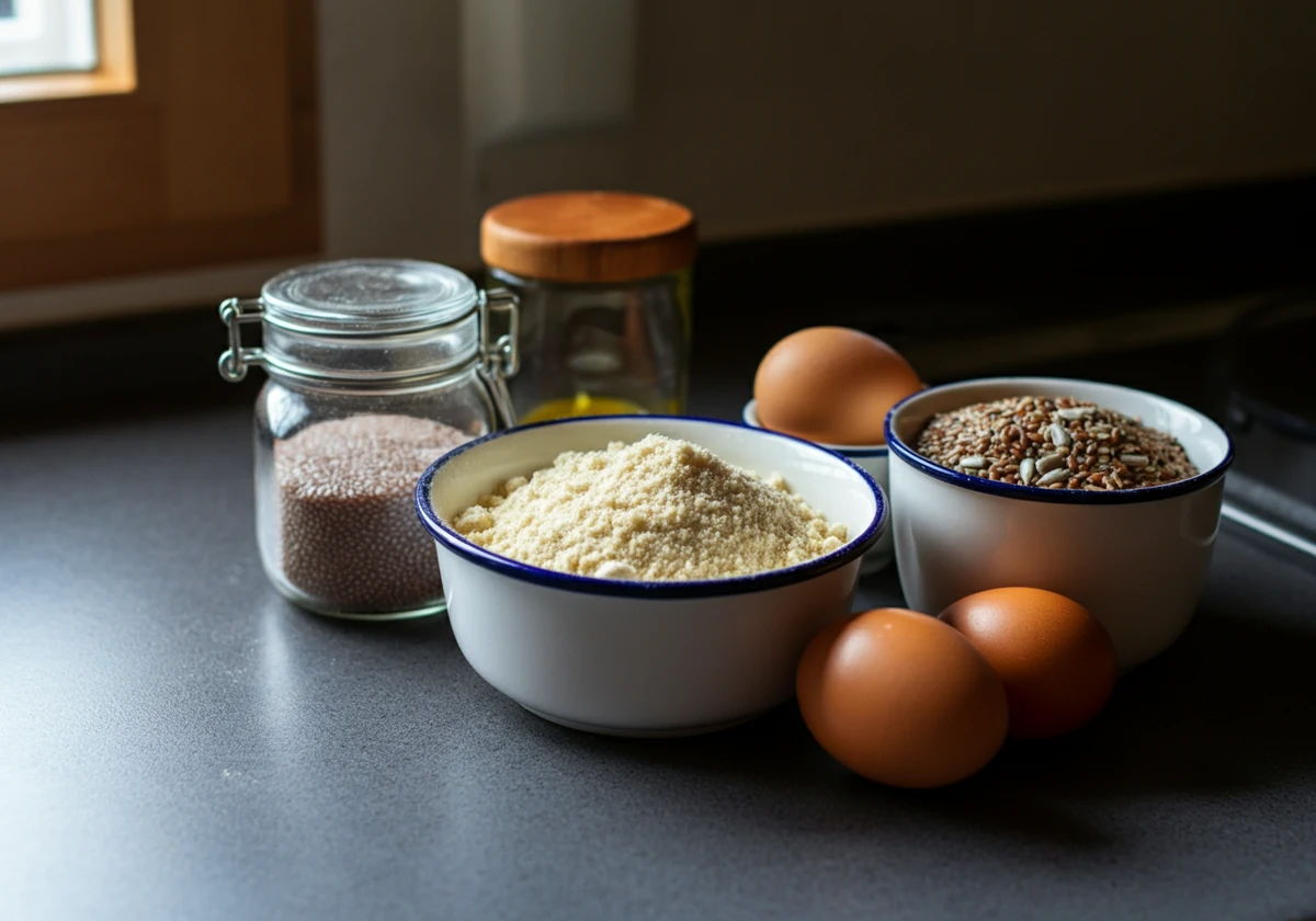 Råvarer til lavkarbo brød: mandelmel, egg, fiberhusk og frø