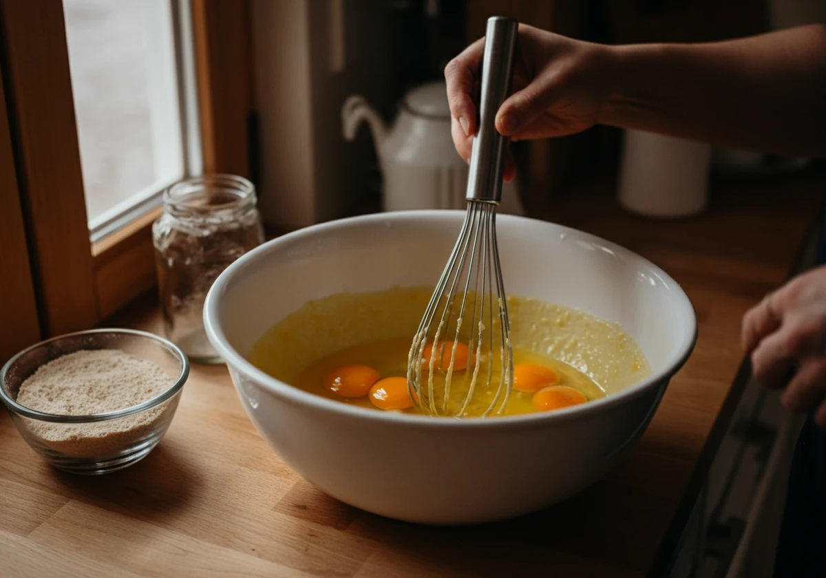 Egg vispes i bolle ved siden av tørrblanding