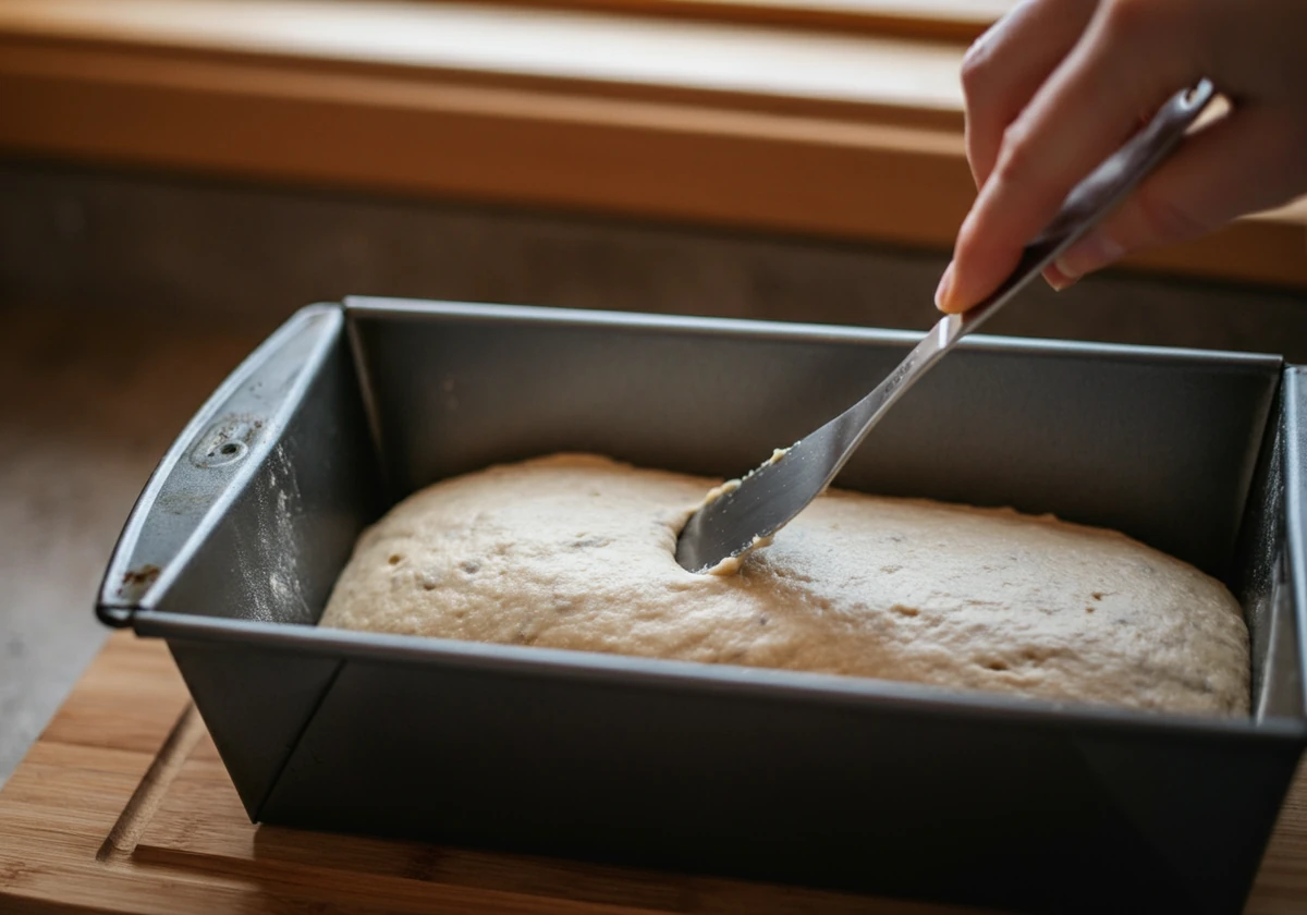 Lavkarbo brøddeig fordeles i en brødform med bakepapir