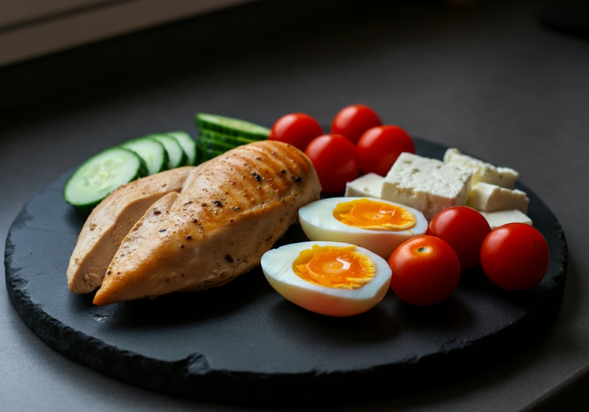Lavkarbo råvarer: kylling, egg, agurk, tomat og feta