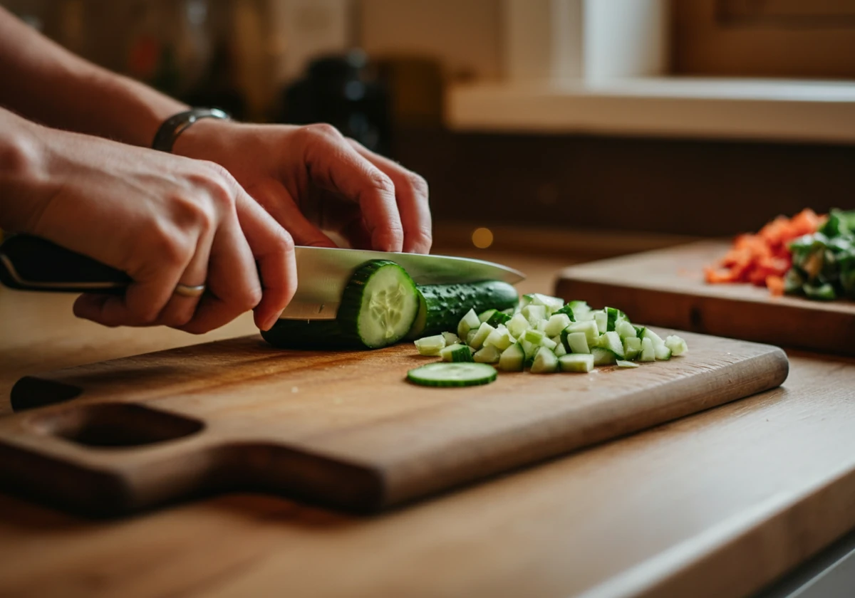 Agurk skjæres i skiver til lunsj