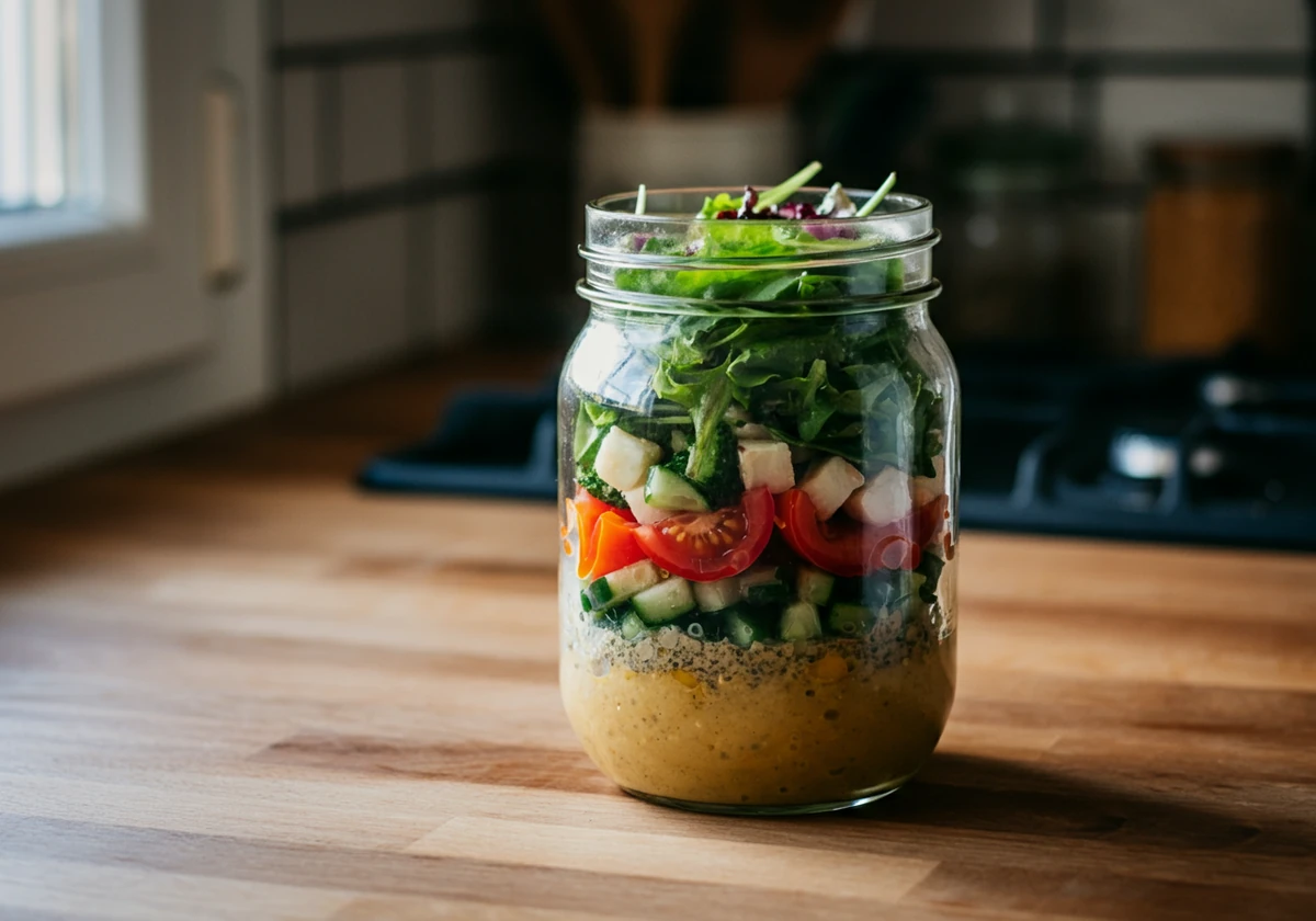 Salat i glasskrukke med dressing nederst