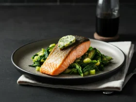 Lavkarbo middag med laks og gronnsaker pa tallerken
