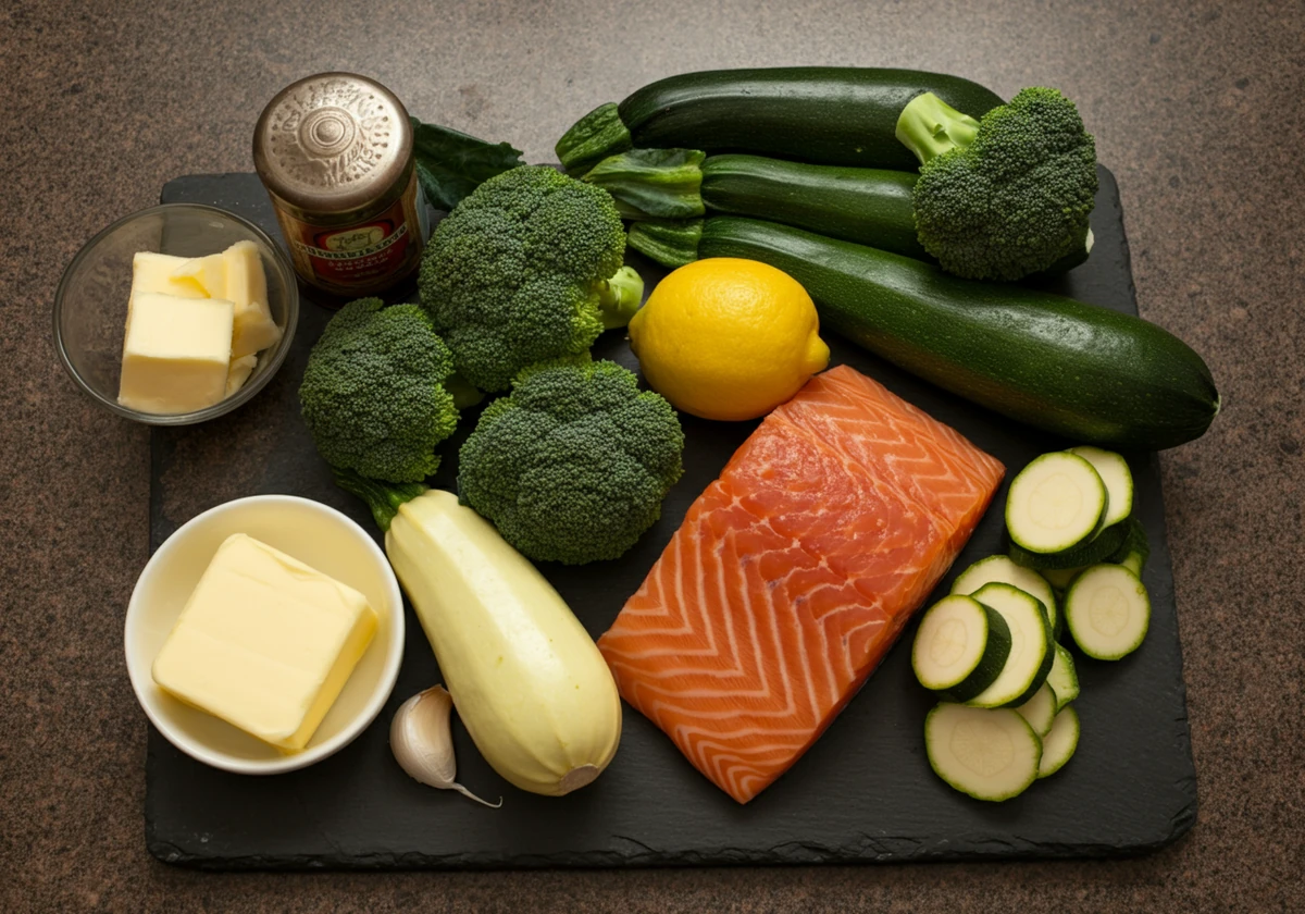 Råvarer til lavkarbo middag: laks, brokkoli, squash og smør
