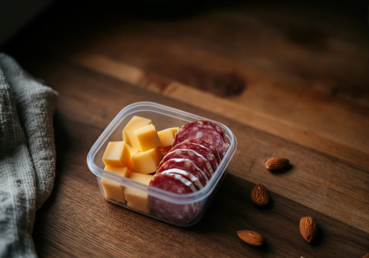 Ost, salami og mandler i liten boks