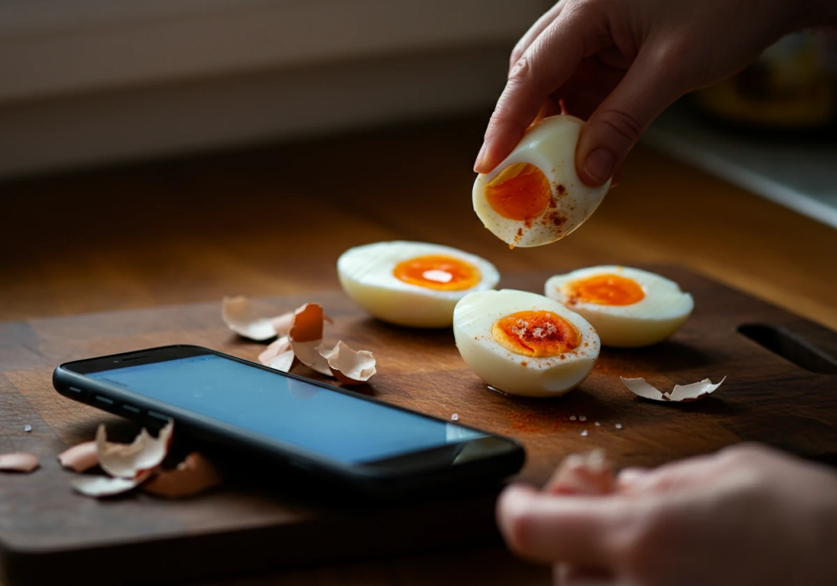 Kokte egg skrelles og krydres