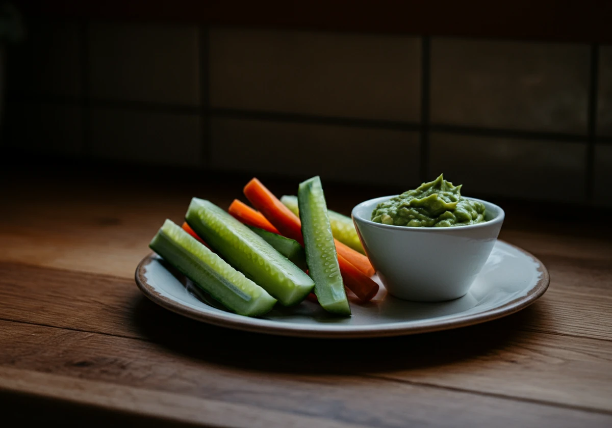 Agurk og gulrot med guacamole-dip