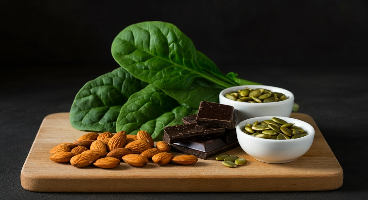 Magnesium-rike matvarer: bladgrønt, mandler, gresskarfrø, mørk sjokolade