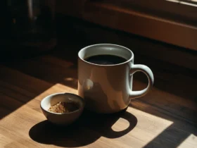 Lions mane kaffe i kopp med ekstraktpulver
