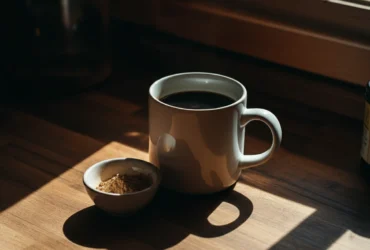 Lions mane kaffe i kopp med ekstraktpulver