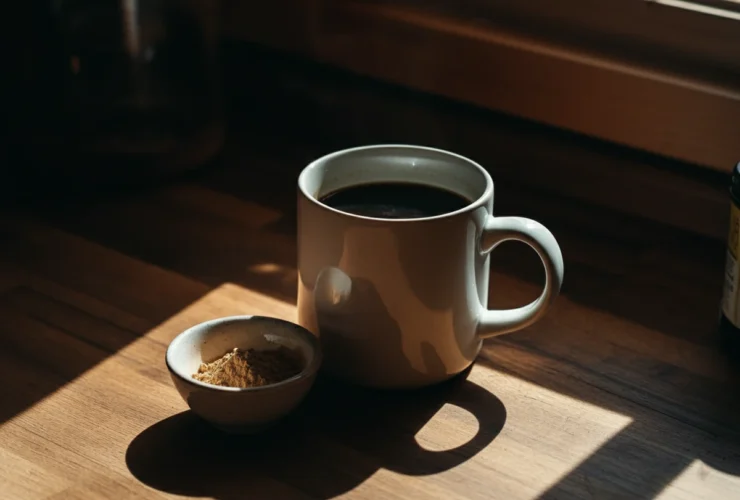 Lions mane kaffe i kopp med ekstraktpulver