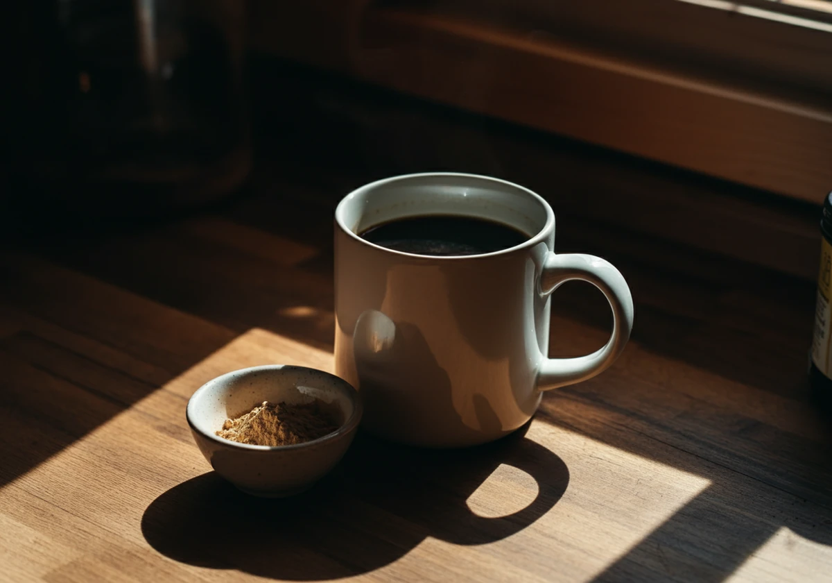 Lions mane kaffe i kopp med ekstraktpulver