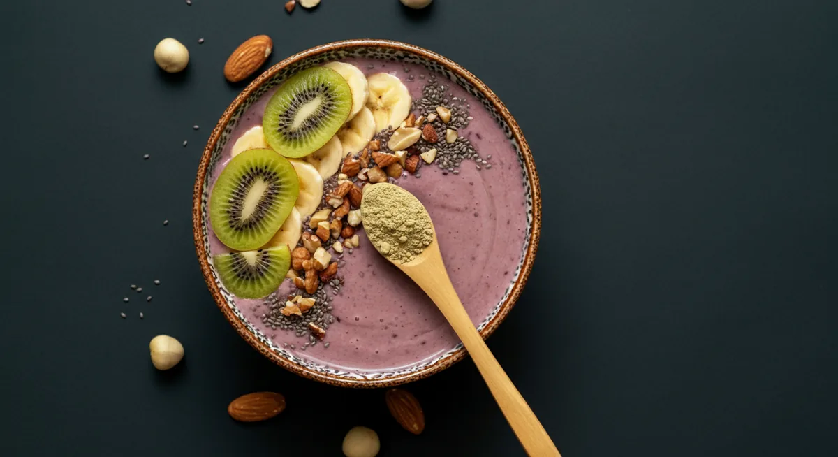 Maca pulver i tresskje over smoothieskål med frukt og nøtter
