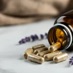 Magnesium glysinat kapsler fra ravfarget flaske på hvit marmor med lavendel