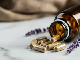 Magnesium glysinat kapsler fra ravfarget flaske på hvit marmor med lavendel