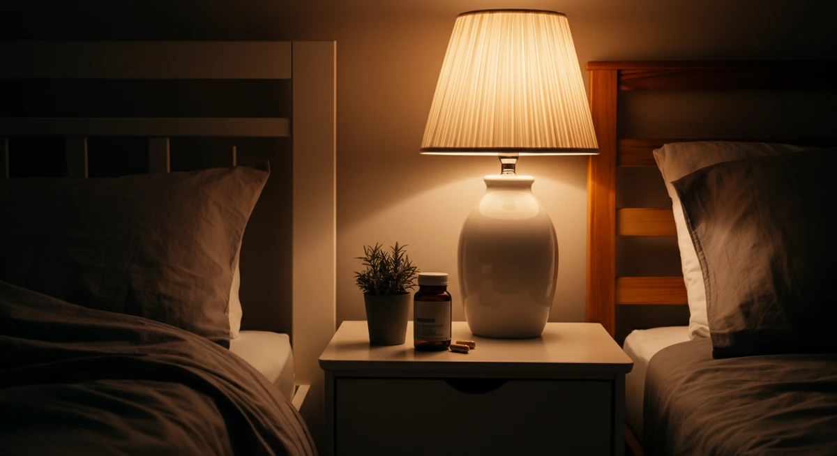 Koselig norsk soverom om natten med tilskuddsflaske på nattbord og varm lampe