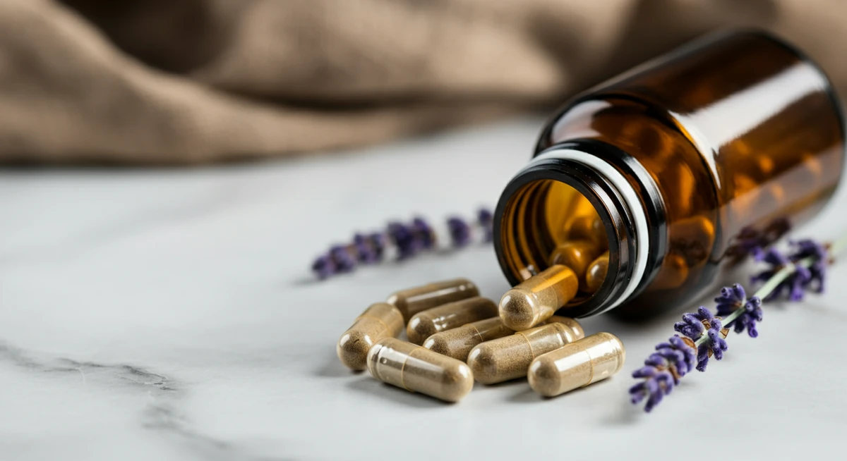 Magnesium glysinat kapsler fra ravfarget flaske på hvit marmor med lavendel