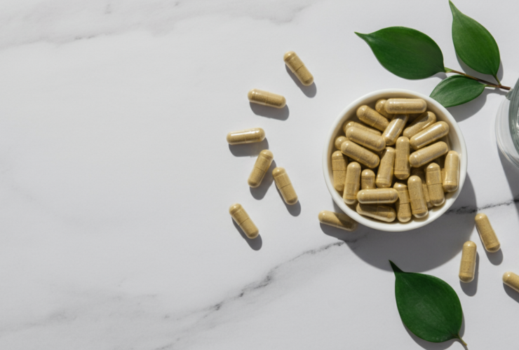 Magnesium malat og glysinat kapsler på hvit marmor med grønne blader