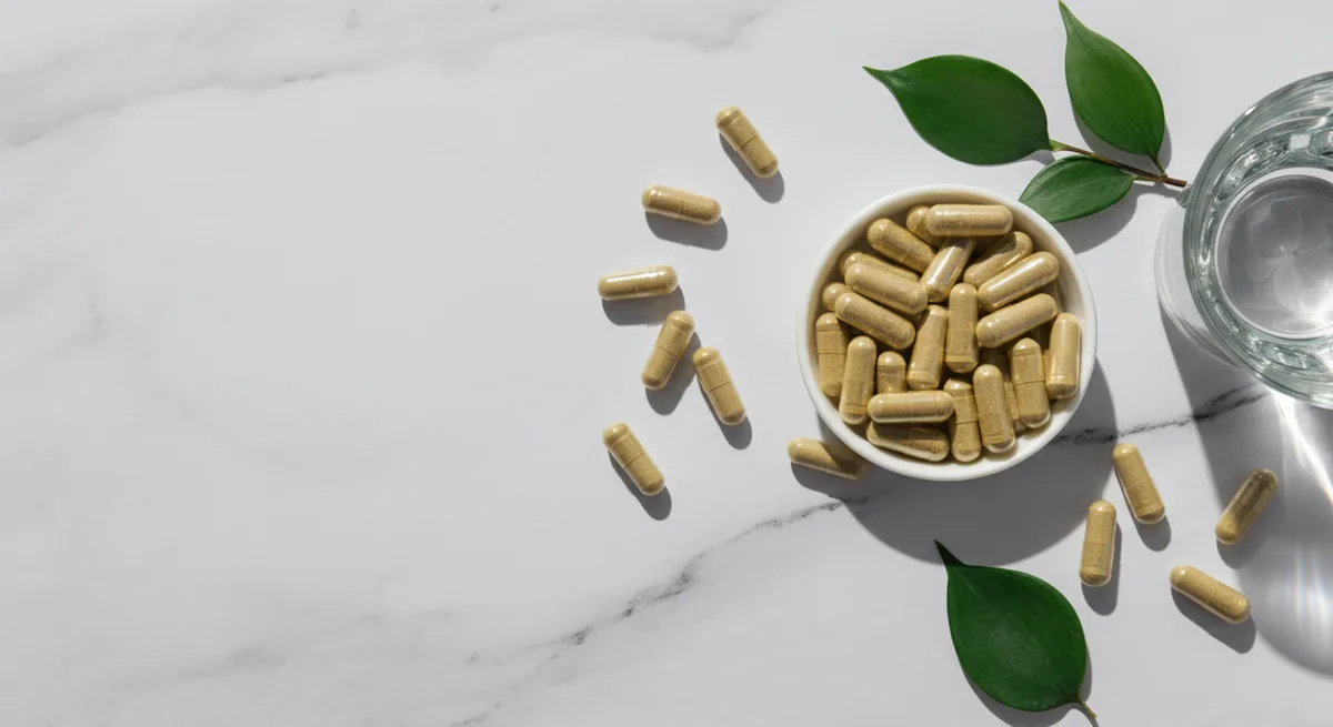 Magnesium malat og glysinat kapsler på hvit marmor med grønne blader