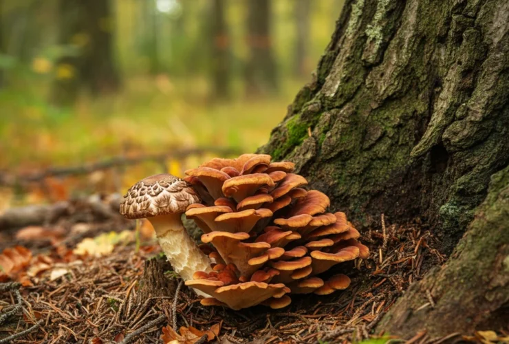 Maitake-sopp (Grifola frondosa) i norsk eikeskog om høsten