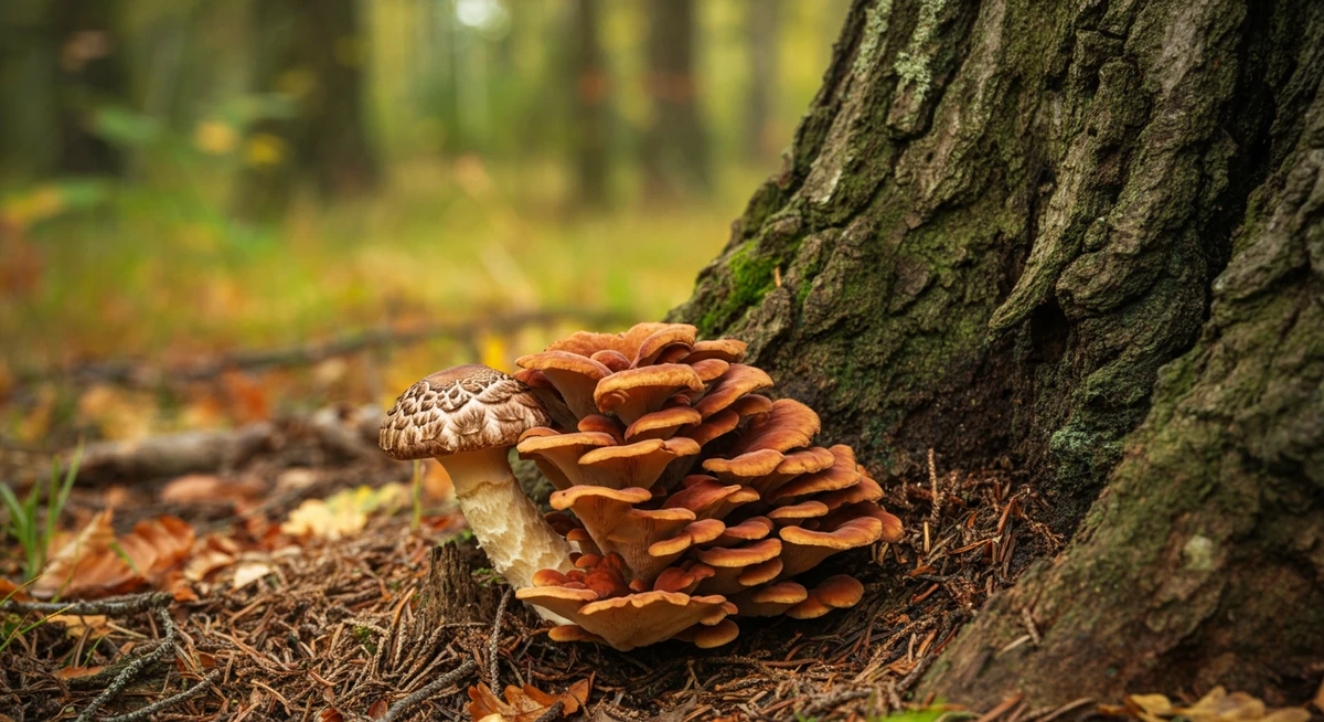 Maitake-sopp (Grifola frondosa) i norsk eikeskog om høsten