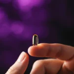 Liten melatonin kapsel på fingerspiss med lilla månelys bakgrunn