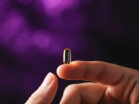Liten melatonin kapsel på fingerspiss med lilla månelys bakgrunn
