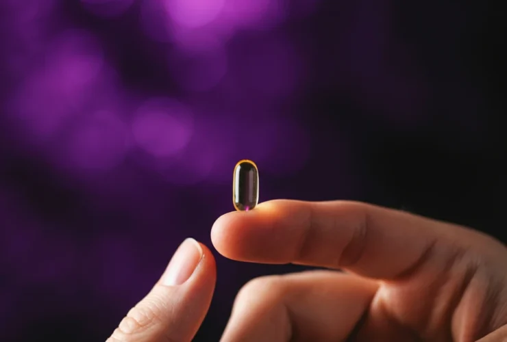 Liten melatonin kapsel på fingerspiss med lilla månelys bakgrunn