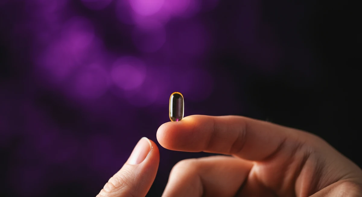 Liten melatonin kapsel på fingerspiss med lilla månelys bakgrunn