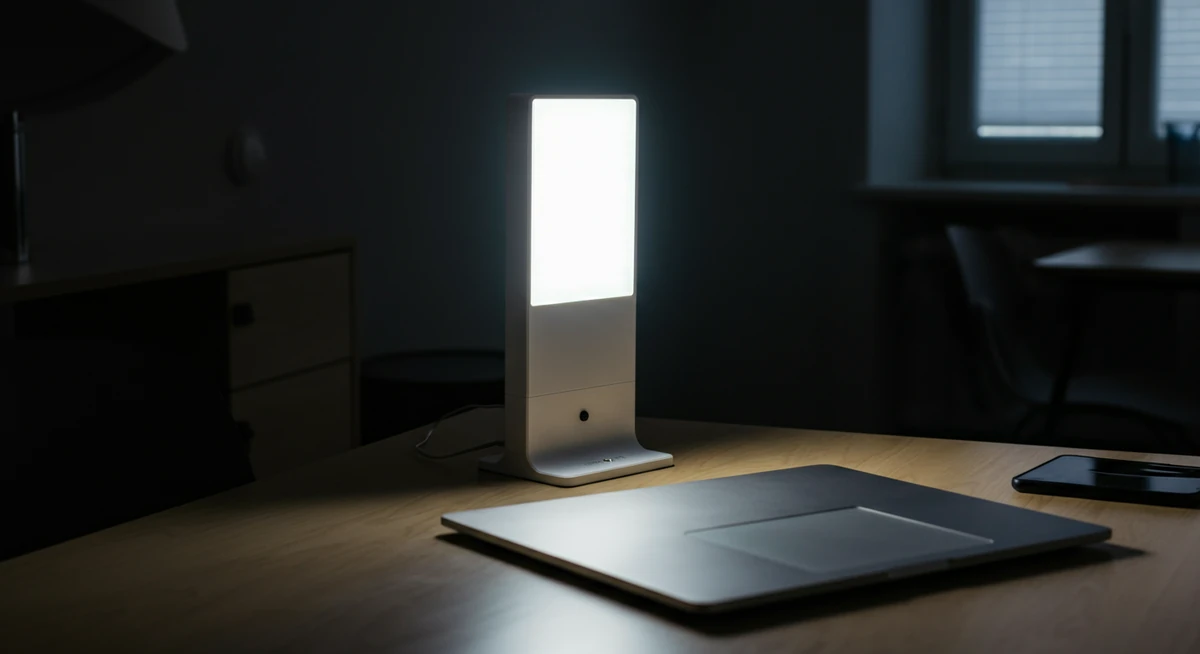 Lysterapi-lampe på skrivebord i mørketid for å motvirke microsleep