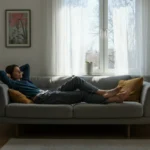 Person hviler fredelig i lyst skandinavisk stue, ettermiddagslys gjennom vindu