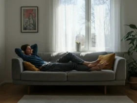 Person hviler fredelig i lyst skandinavisk stue, ettermiddagslys gjennom vindu