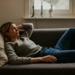 Småbarnsmor praktiserer NSDR — non-sleep deep rest — på sofaen